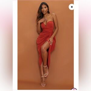 PLT Rust Woven Bandeau V Bar Gathered Hip Midi Dress size 10